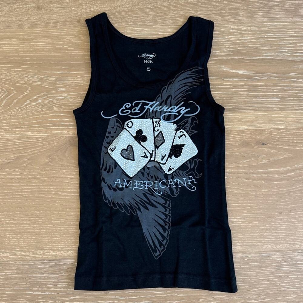 Ed Hardy x MGK Lost Cards Rhinestone Rib Tank Size S in Black